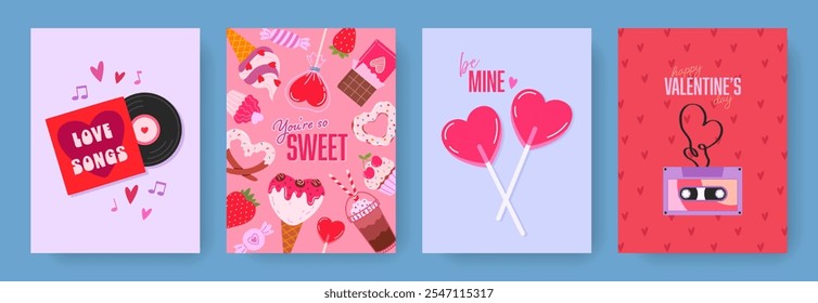 Hand drawn greeting cards set of Valentines Day and Love with typography. Cartoon design with cute romantic elements, vinyl and cassette record, lollypops, sweets. Vector concept for print, banner