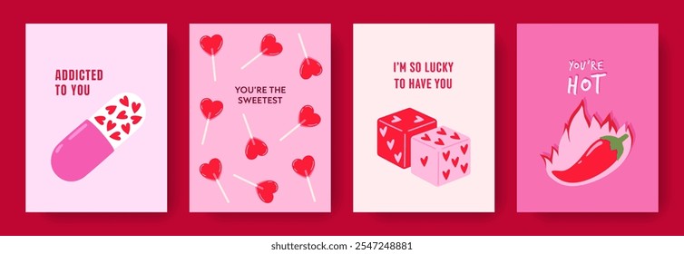 Hand drawn greeting cards set of Valentines Day and Love with typography. Cartoon design with romantic elements, heart shapes, lollypops, pill, dice. Vector concept for print, banner, invitation.