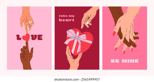 Hand drawn greeting cards set of Valentines Day and Love with typography. Vintage design with diverse hands of couple, heart shape, gift box. Vector romantic concept for banner, poster, flyer, cover