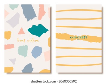 Hand Drawn Greeting Cards With Torn Paper Pieces In Pastel Colors.  Modern Collage Style Poster, Brochure Design,  Gift Wrap.