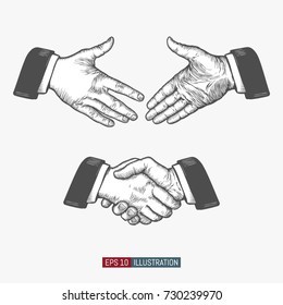 Hand drawn hand greeting gesture and handshake. Template for your design works. Engraved style vector illustration.