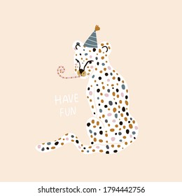 Hand drawn greeting leopard in party hat on head. Trendy Jungle print. Cartoon vector summer illustration