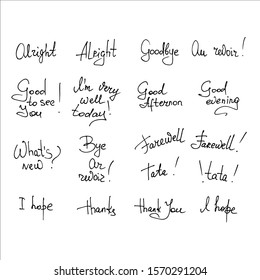 Hand drawn greeting words. Lettering.  Speaking funny different languages of world. Cloud chat, Social Media network icons, icon talk. Flat illustration. Hand drawing. Sticker pack. Black and white