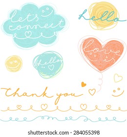 Hand drawn greetings bubbles set. Thank you. Hello. Love.