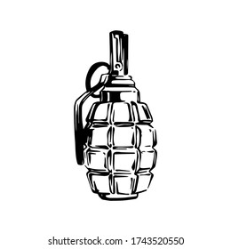 Hand drawn grenade, ink drawing sketch weapon vector, black isolated bomb illustration on white background. Military design elements.