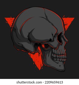 Hand drawn grey human skull head from side view against orange triangle 