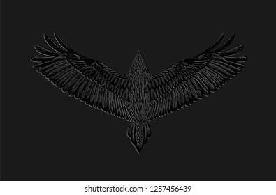 Hand drawn grey raven on the black background. Wild animal. Feathers pattern.