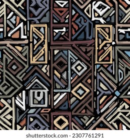 Hand drawn grid with irregular geometric figures. Multicolored squares, triangles, and rectangles on a black background. Tribal ethnic design. Seamless repeating pattern. Vector image.