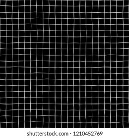 Hand drawn grid seamless vector pattern background. White square shapes on black backdrop. Geometric monochrome art for digital paper, web banner, page fill, fabric, scrap booking, packaging