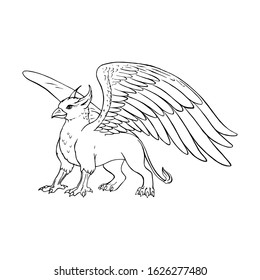 Hand drawn griffin. Retro realistic animal isolated. Line graphic figure. Black and white drawing. Vector sketch. Fabulous cute animal.