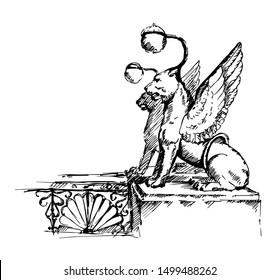 Hand drawn Griffon sculpture of Bank bridge in St.Petersburg, Russia.  Vector illustration. Sketch.