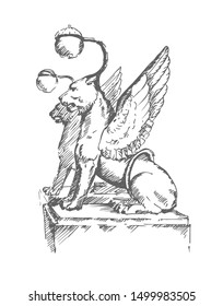 Hand drawn Griffon sculpture of Bank bridge in St.Petersburg, Russia.  Vector illustration. Sketch.