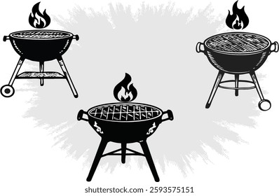 Hand Drawn grill for BBQ. Grill Barbecue Party icon. Portable Charcoal Grill with Fire Flame. Cooking, eating, party and enjoyment icon.