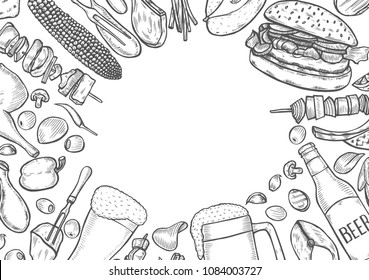 Hand drawn Grill and beer menu design template. Vector illustration. Engraved design. illustration. Food on the grill
