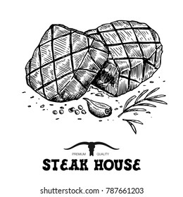Hand drawn grilled beef steak isolated on white background, Vector
