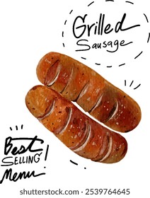 hand drawn grilled sausage, watercolor style