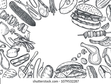 Hand drawn Grilled vegetables top view frame, vegetarian cuisine. Grill menu design template. Vector illustration. Engraved design. illustration. Food on the grill