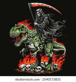 hand drawn grim reaper riding Dinosaur Tyranosaurus Rex