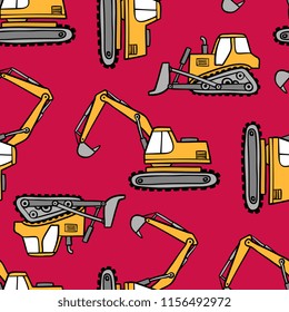 Hand drawn grips and bulldozers seamless vector pattern on red background.