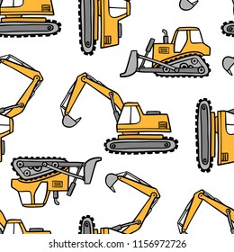 Hand drawn grips and bulldozers seamless vector pattern on white background.