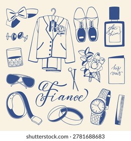 Hand drawn groom wedding elements collection for stylish celebration. Elegant line art fiance accessory set with suit, wristwatch, boutonniere, belt, sunglasses, rings and cologne. Vector illustration