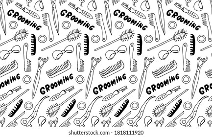 Hand drawn grooming tools. Vector illustration of hairdresser accessories. Barber shop, pet service. Seamless pattern with scissors and brushes
