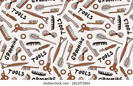 Hand drawn grooming tools. Vector illustration of hairdresser accessories. Barber shop, pet service. Seamless pattern with scissors and brushes