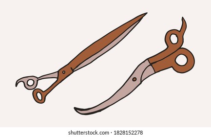 Herramientas de preparación a mano. Ilustración vectorial de accesorios de peluquería. Barbería, servicio de mascotas. Tijeras aisladas sobre fondo blanco.