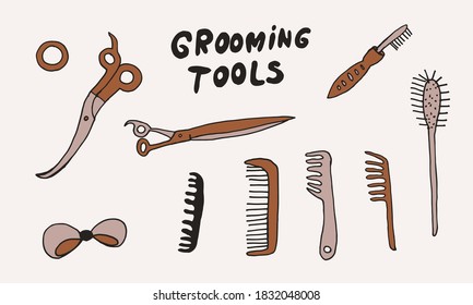 Hand drawn grooming tools. Vector illustration of hairdresser accessories. Barber shop, pet service. Scissors and brushes isolated on white background.