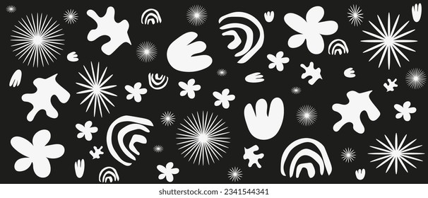 Hand drawn groovy backdrop with abstract y2k Trendy Shapes. Modern ornament with black and whiteOrganic Shapes. Funky stars, leaves, flowers, rainbow, 90s style. Vector Art.