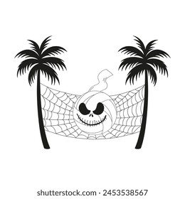 Hand drawn groovy beach volleyball net in the form of cobweb between palm trees with spooky mummy ball vector illustration isolated on white. Retro line art drawing style October 31st Halloween