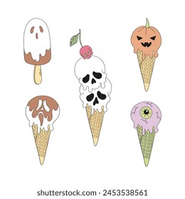 Hand drawn groovy cartoon Halloween sweets ice cream cone in the form of spooky skull pumpkin ghost vector illustration set isolated on white. Retro line art drawing style October 31st party trick or