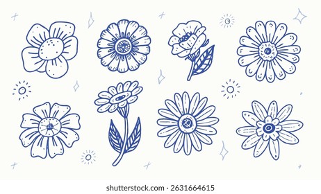 Hand drawn groovy daisy flowers set simple flat black icons and illustrations for design projects