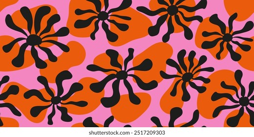 Hand drawn groovy floral seamless  pattern with liquid shape in background. Retro style aesthetic prints for modern fabric design with melting organic shapes.  