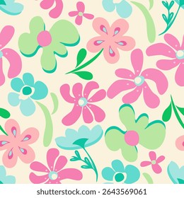 Hand drawn groovy flower seamless, Bold funky floral pattern for textile, home decor