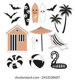 Hand drawn groovy Halloween concept beach items surfboard dressing cabin palm trees umbrella chair swim ring vector illustration set isolated on white. Retro line art drawing style October 31st party