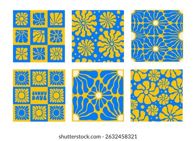 Hand Drawn Groovy Patterns. Seamless Retro Sunshine, Wavy Sun and Floral Set