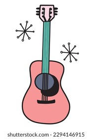 Guitarra de color rosa con dibujo manual en diseño de doodle de contorno en estilo retro, ilustración vectorial aislada