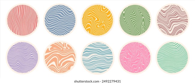 Fondos redondos dibujados a mano, patrones de forma de círculo establecidos. Manchas de mármol Rayas desiguales distorsionadas, líneas onduladas líquidas orgánicas deformadas, ondas garabatos. Colección de Plantillas de marco de etiqueta adhesiva.