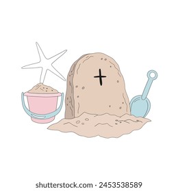 Hand drawn groovy sand castle in the form of gravestone with beach toys bucket and spade vector illustration isolated on white. Retro line art drawing style October 31st party trick or treat event