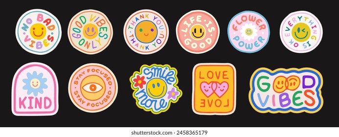 Hand Drawn Groovy Stickers Vector Design. Cool Y2k Doodle Sketched Patches. Set Of Cartoon Badges.