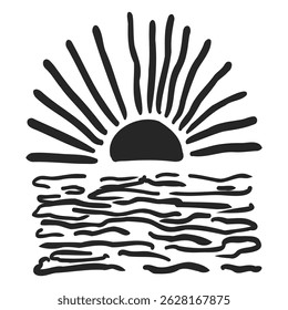 Hand drawn groovy sunset with waves hand drawn. Coastal relaxed retro minimal print. Boho silhouette sun tropical.