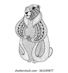 Hand drawn Groundhog for adult coloring pages in doodle, zentangle tribal style, Groundhog Day ethnic ornamental tattoo, patterned t-shirt or prints. Animal vector illustration.