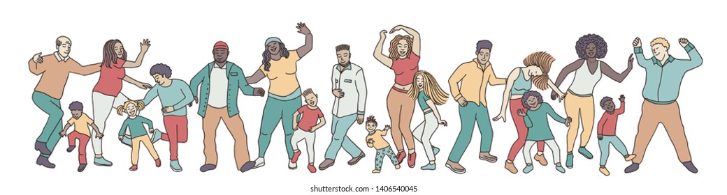 Hand drawn group of diverse people, children and adults, dancing happily together