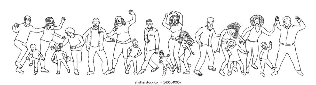 Hand drawn group of diverse people, children and adults, dancing happily together