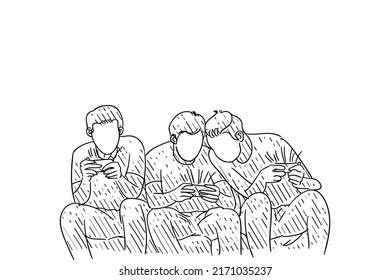 Hand drawn of group of friend playing in living room and looking at smartphone. Vector illustration design.