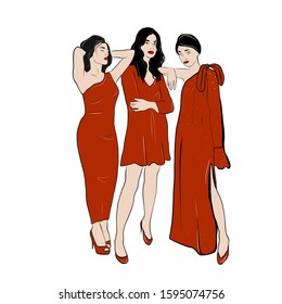 Hand drawn Group of girlfriends dressed in red dresses in different poses standing together. Party time. Fashion woman. 