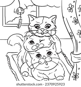 Hand drawn a group of kittens climbing to reaching wind chimes