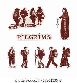 Hand drawn group of mixed people on pilgrimage. Pilgrim figures with backpack on camino travel . Pilgrims with rucksack, man, woman, nun, scallop shell for vector isolated icon. Compostela europe pic