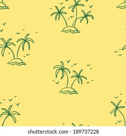 hand drawn group of palm trees on little island with flying birds seamless pattern, summer touristic sketch design